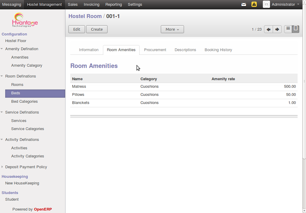 Bedwise Facilities Allocation Screenshot2 | Hostal Management ERP Solutions - HvantageTechnologies.com
