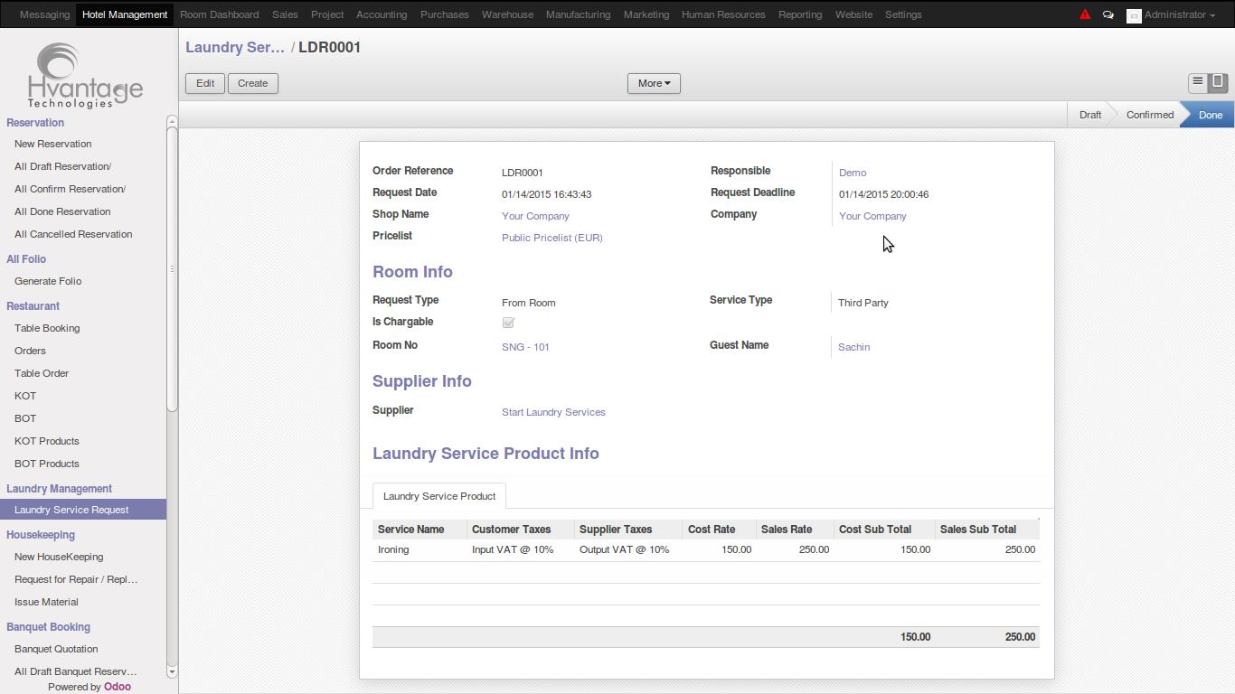 Laundry Service Request from Guest in hotal Management ERP - HvantageTechnologies.com